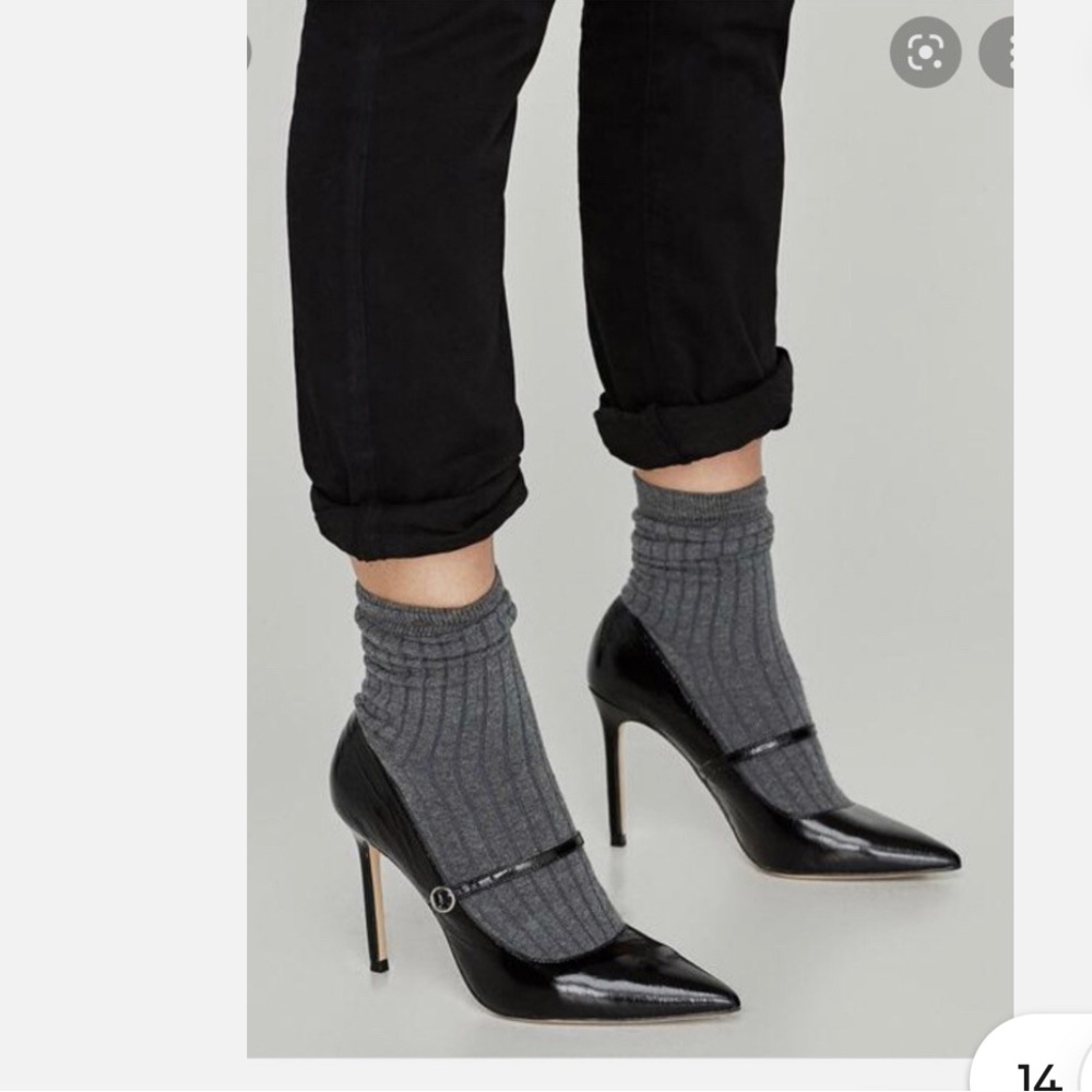ZARA Black Leather Gray Sock Mary Jane High Heelsl Size 5.5